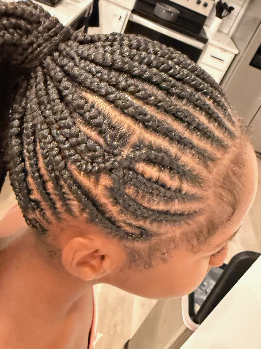Kids' cornrow ponytail, finished side view